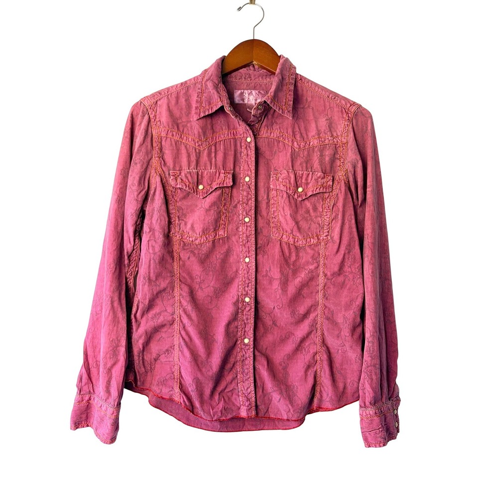 Ryan Michael Pink Silk Cotton Embroidered Western Pearl Snap Rodeo Shirt Medium